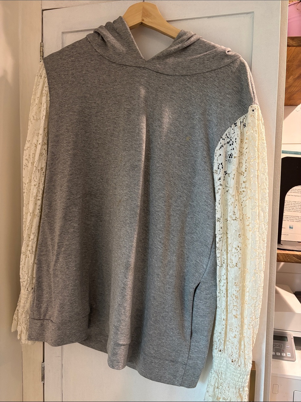 Zara Grey Hoodie with Cream Lace Sleeves